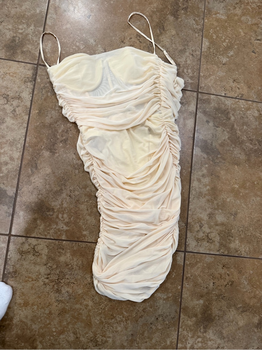 Oh Polly Cream Ruched Spaghetti-Strap Mini Dress
